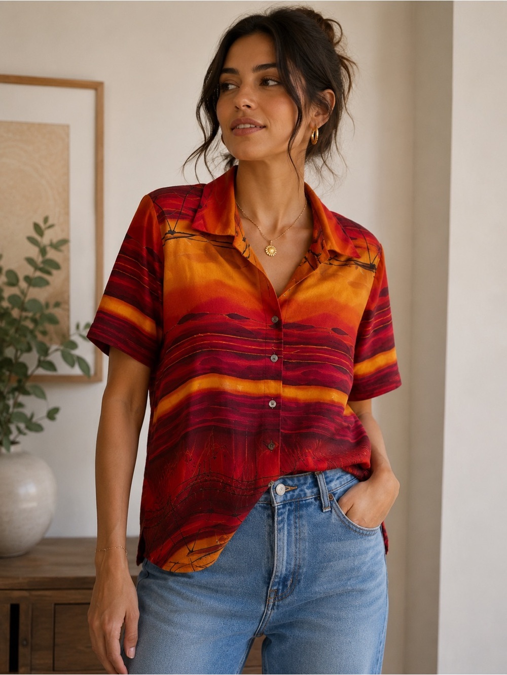 Alia Vintage Retro Red and Orange Patterned Button Down Shirt Size 10 Summer